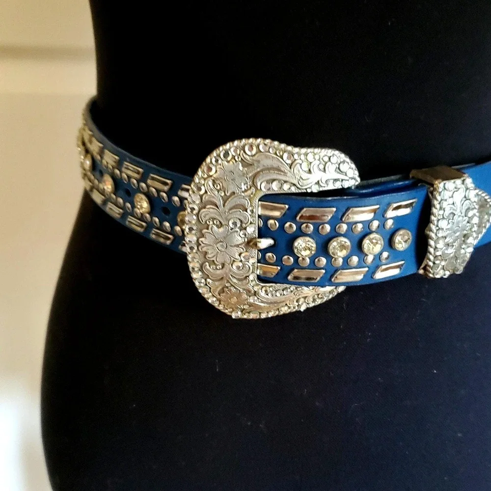 Nocona Blue Leather Belt 26 Crystal Studded Western Silver Floral Buckle Cowgirl